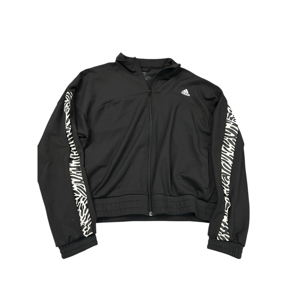 Adidas Women Size XS Aeroready Full-Zip Crop   Jacket Zebra Print Sleeves Black‎